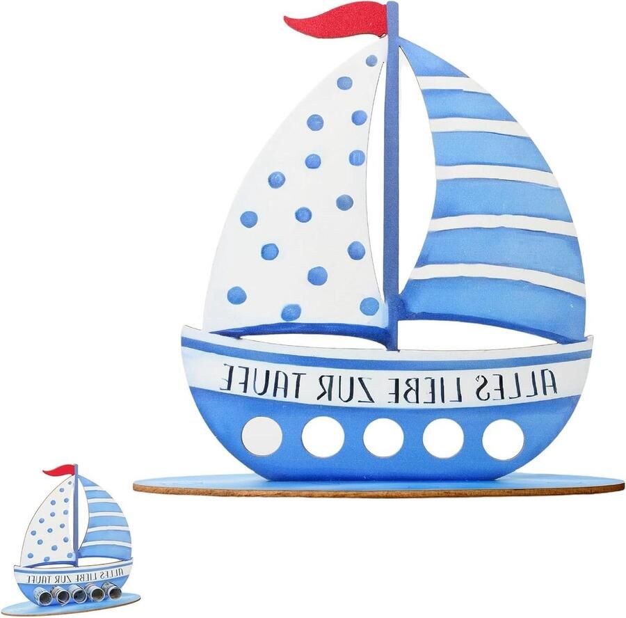 Geldgeschenken boot Doopgeschenk decoratie Feestelijke presentatie Met gravure 'Alles Liebe' 19x Blauw