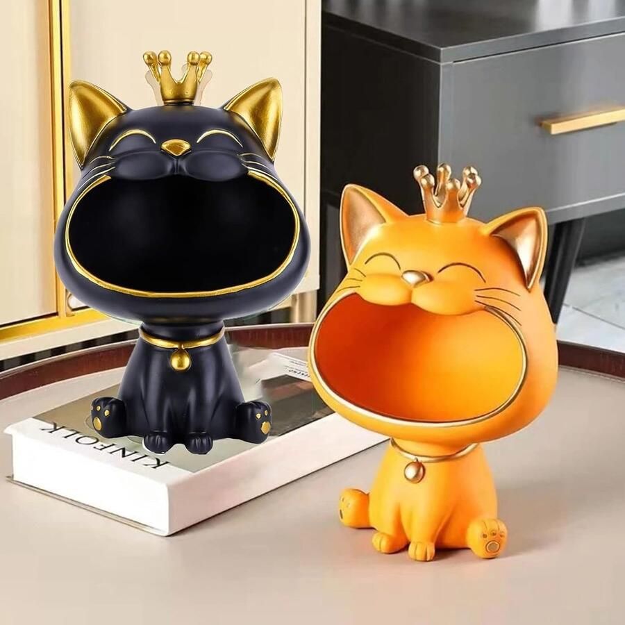 Gelukskat opbergsculptuur huispagina woonkamer voor de ingang lachende kat sleutels opbergdoos decoratieve kleinigheden opbergdoos (zwart)