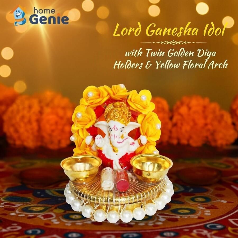 Genie Lord Ganesha Idol with Twin Golden Diya Holders & Yellow Floral Arch Decorative Pooja Showpiece for Mandir Diwali Gifting Home Temple & Spiritual Decor