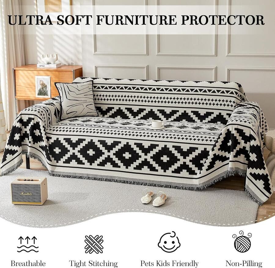 Geometrische bankovertrek voor 2- 3- 4-zits chenille AB-zijhoes voor hoekbank bescherming voor alle seizoenen bankbeschermer loveseat futon L-vormige bankhoes met kwastje