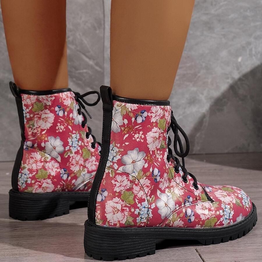 Geprinte korte laarzen voor dames met rozen-skull cartoonpatroon perfect voor herfst en winter cadeau-idee voor meisjes en vrouwen