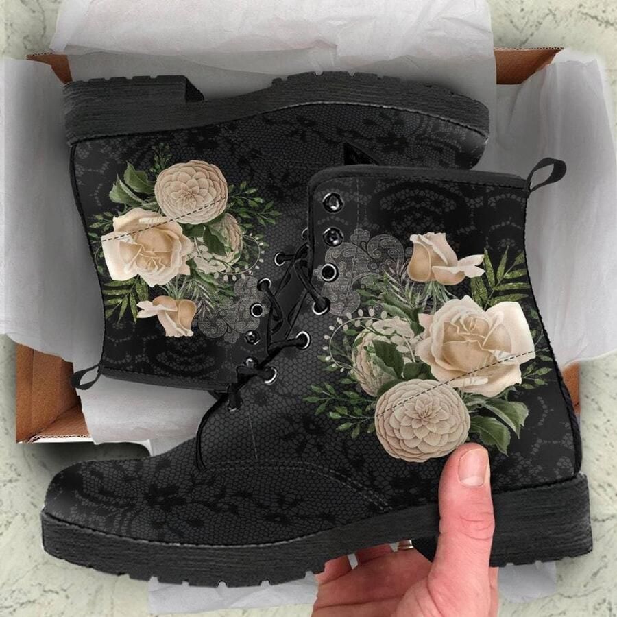 Geprinte korte laarzen voor dames met vetersluiting combat stijl ideaal voor herfst en winter met rozen en schedelpatroon