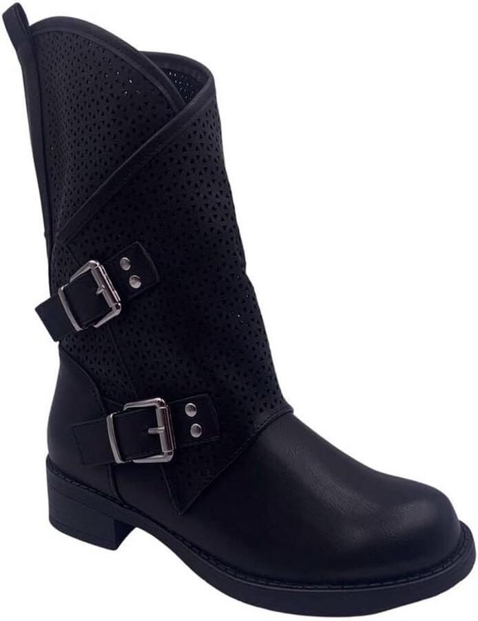 Gepuncheerde Bikerlaarzen Dames Zwart Lage Hak Comfortabel