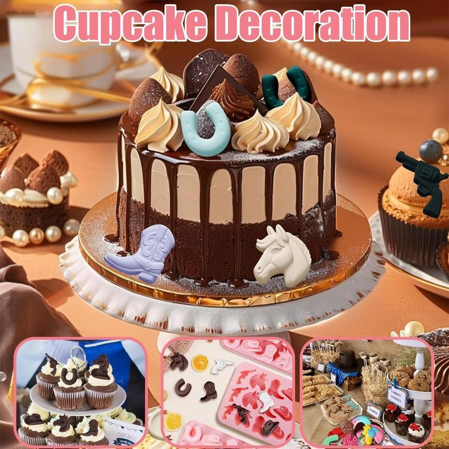 Gevormd met cowboyhoed cowboylaars en paard siliconen mal voor cupcakes cakesicle decoraties voedselveilige siliconen met antiaanbaklaag + duurzaam en flexibel