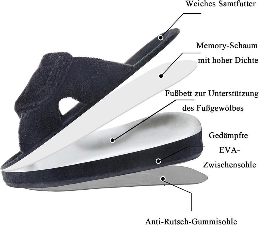 Dames traagschuim pantoffels met ondersteuning van de boog verstelbare klittenbandsluiting diabetici brede open teen pantoffels indoor outdoor boog zwart