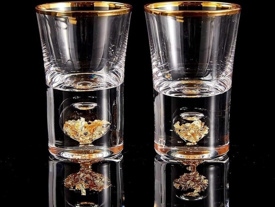 Glazen 4 cl kristallen glazen versierd met 24-karaats bladgoudvlokken coole en schattige shotglazen BPA-vrij en loodvrij kamerdecoratie 2 stuks