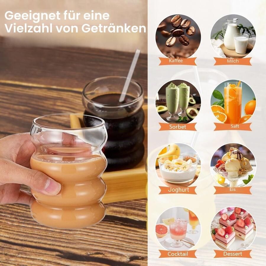 Glazen met Rietje 4 stuks Geribbelde Drinkglazen Golvende Glazen Tumbler Glazen Bekers Waterglazen voor latte Macchiato Ijskoffie Whisky Cocktails Yoghurt Soda Koffie