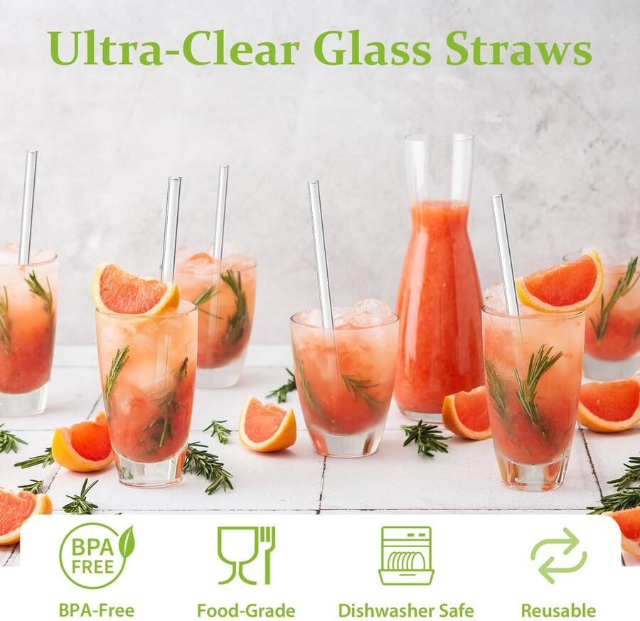 Glazen Rietjes Glazen Rietjes met 2 Reinigingsborstels BPA-Vrij Herbruikbaar Makkelijk Schoon voor Warm en Koud Transparant Rietjes voor Cocktails en Vruchtensappen