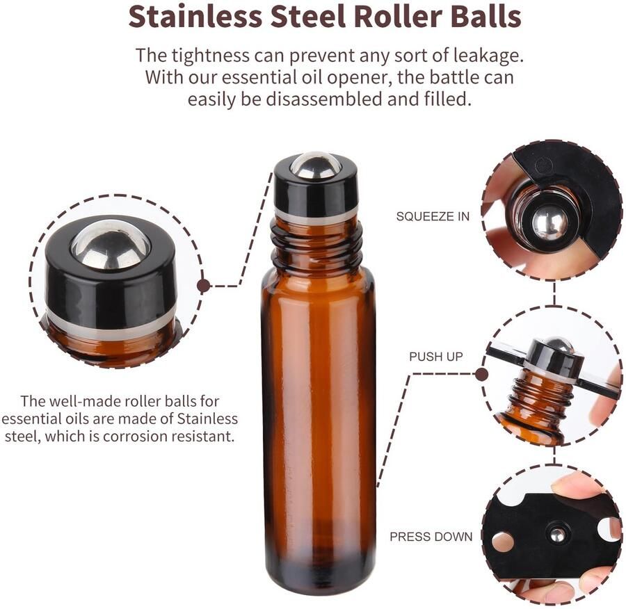 Glazen roll-on flessen 8 stuks etherische oliën rolflessen met roestvrijstalen rolballen Perfect voor geur aromatherapie (inclusief 1 flesopener sticker en 1 trechter)