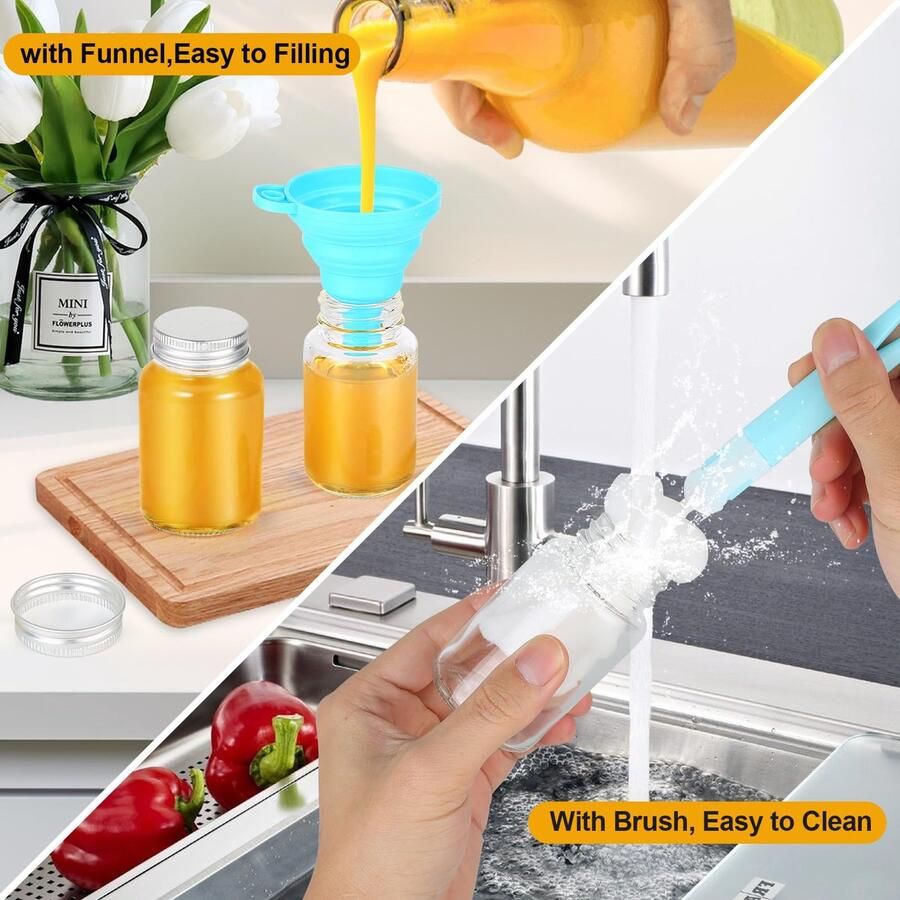 Glazen Shotflessen met Deksels Mini Gembershot Herbruikbare Kleine Glazen Flessen Mini Glazen Flesjes met Borstels Labels Trechters voor Gember Sappen Kruiden