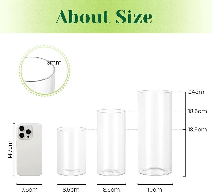 Glazen vaas cilinder kaarsenglazen voor tafeldecoratie: 3 mm wanddikte vazen set van 6 lantaarns glas voor bruiloft decoratie cilindervazen set grote vaas glas glazen cilinder voor decoratie