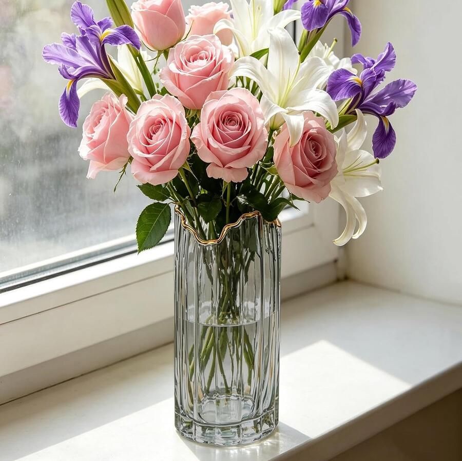 Glazen vaas cilinderglas bloemenvaas glazen vazen met gouden rand bloemenvaas modern voor bruiloftsdecoratie tafeldecoratie vazen tulpenvaas bloemenvaas (grijs)