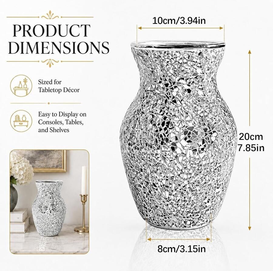 Glazen vaas met mozaïekdecoratie mediterraan woonaccessoire voor bruiloftsdecoratie eetkamer woonkamer en detailhandel (Zilver) Zilveren glanseffect ideaal voor bruiloft en tafeldecoratie sterke glamoureuze blikvanger
