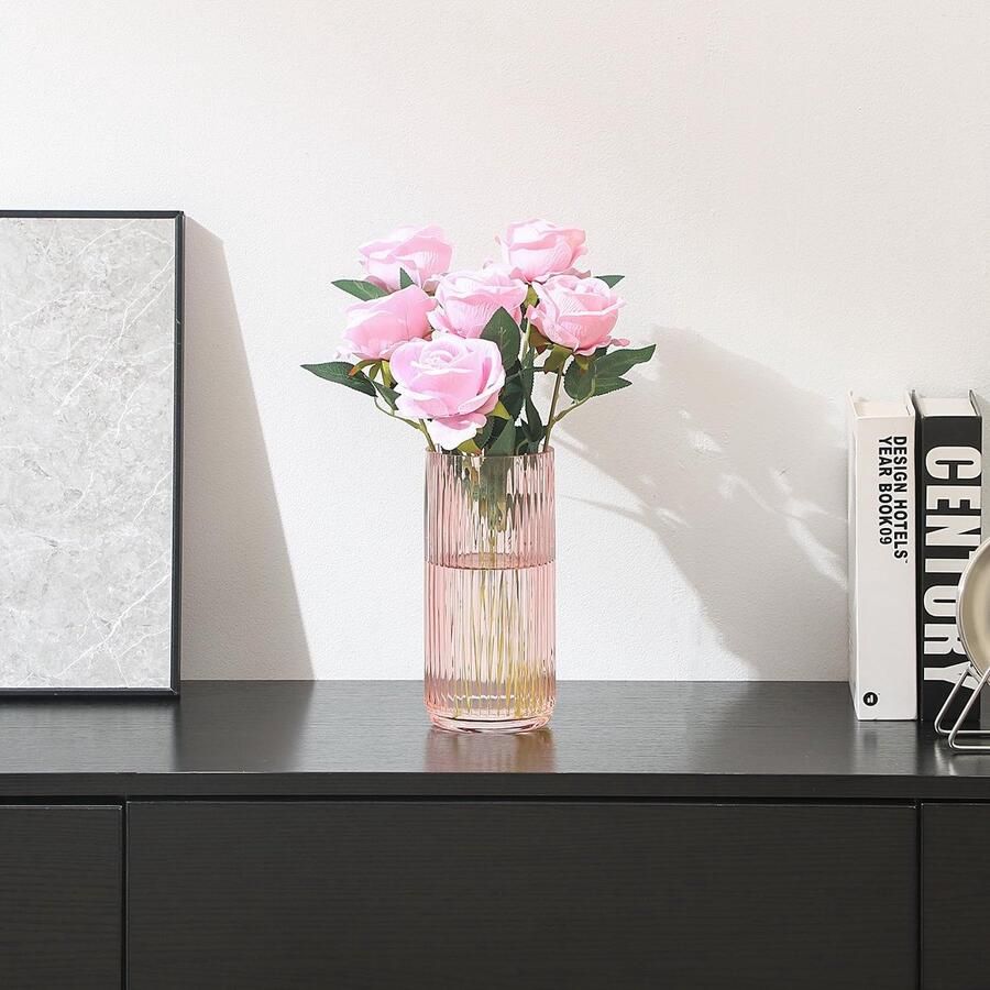 Glazen vaas roze bloemenvaas voor boeket moderne glazen vaas voor woonkamer badkamer eettafel kantoor bruiloft