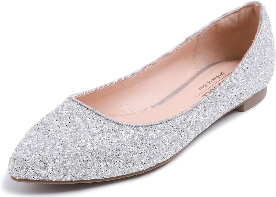 Glitter Ballerina Dames Zilver Zwart Plat Comfortabele Slip-On Pumps