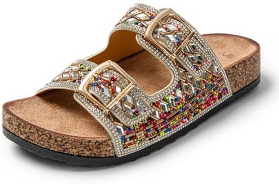 Glitter Sandalen Dames met Strassplateau en Kurk Zolen