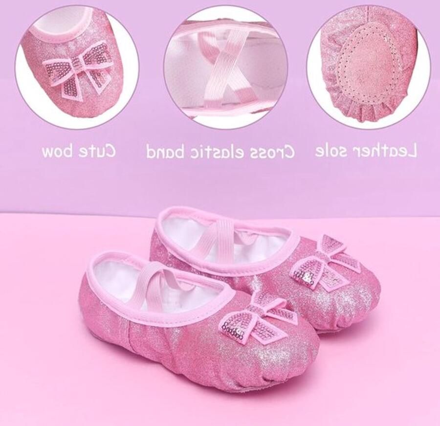 Glitterende Satijnen Balletschoenen voor Meisjes met Leren Zool Dansschoenen voor Kinderen 23-35