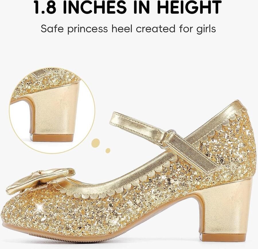 Glitzer Prinses Schoenen Meisjes Mary Jane Bandjespompen met Strik Hakken Schoenen Kinder Feest Bruiloft Verjaardag