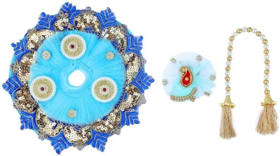 Gopal Dress Bhagwan Poshak of God Bal Gopal Kanha Krishna Kanhaiya Dev Vastra with Mukut for Metal Idol Statue for Indian Traditional Holi Janmashtami Festival 2-4 No.Dia- 8)(Blue)