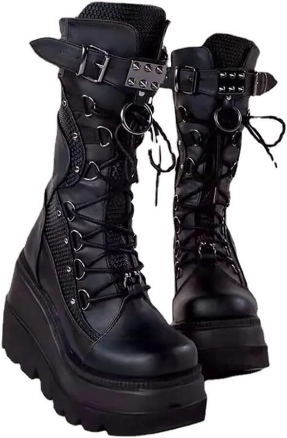 Gothi enkellaarsjes voor dames met vleermuisvleugelgespen dikke blokhakken ronde neus rits punk motorlaarzen comfortabel kort gothic booties
