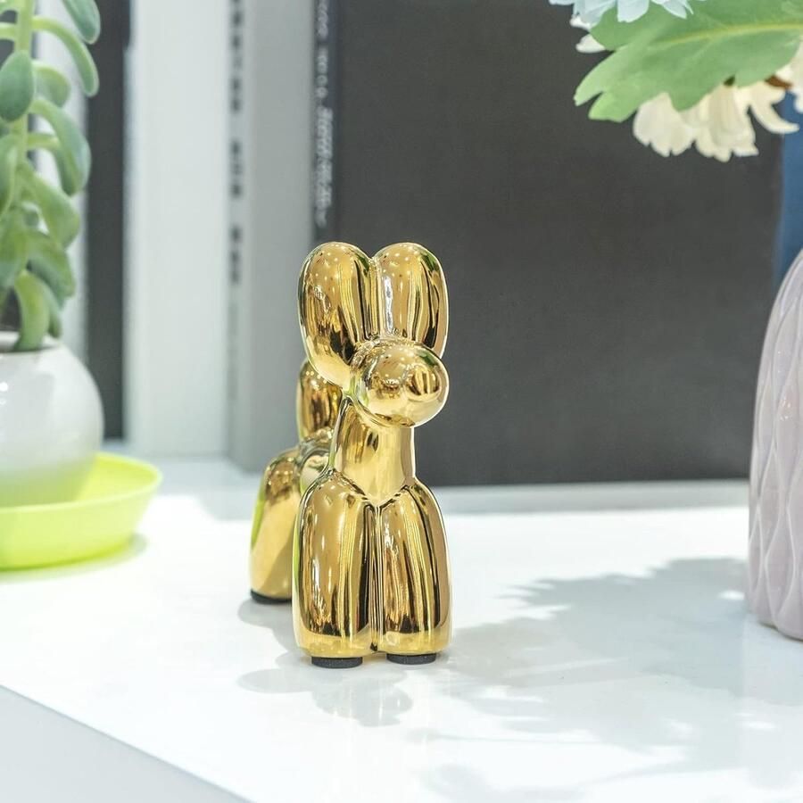 Gouden ballonhond keramische sculptuur moderne ballon hond decoratie figuur keramiek luxe woonaccessoire voor woonkamer kantoor plank