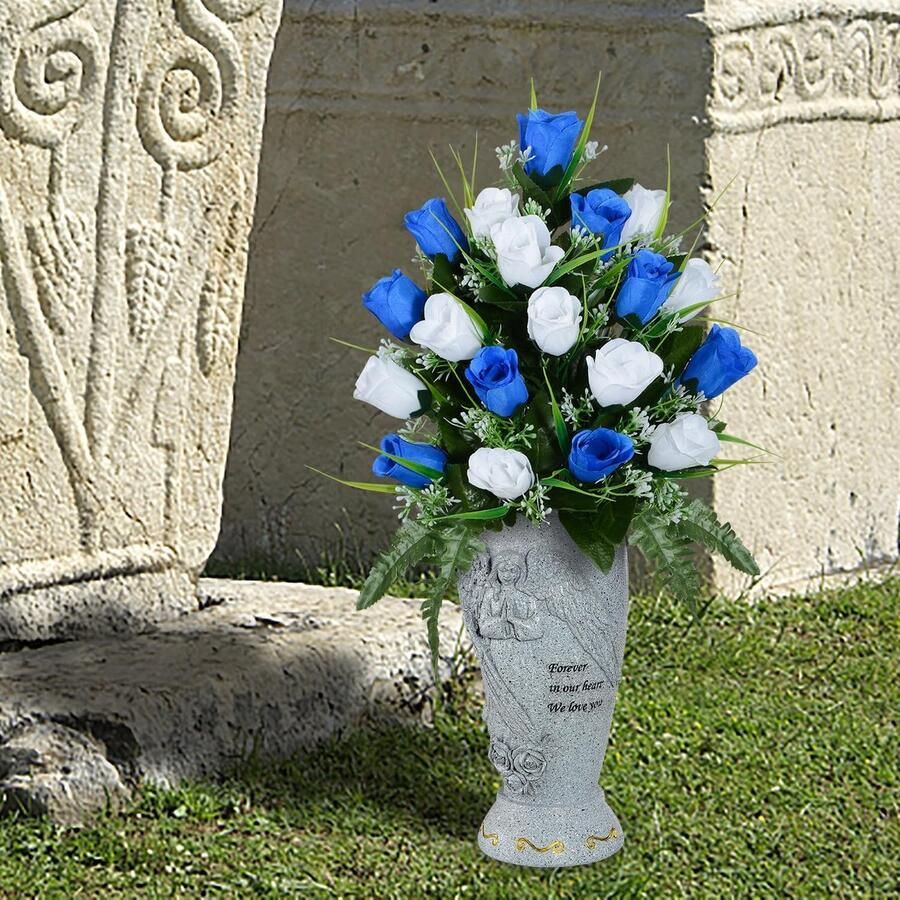 Grafvaas herdenkingsgrafvaas met grondspikes engelenvazen voor kunstbloemen grafbloemenhouder voor begraafplaats grafsteen buiten gebruik (1 stuk)