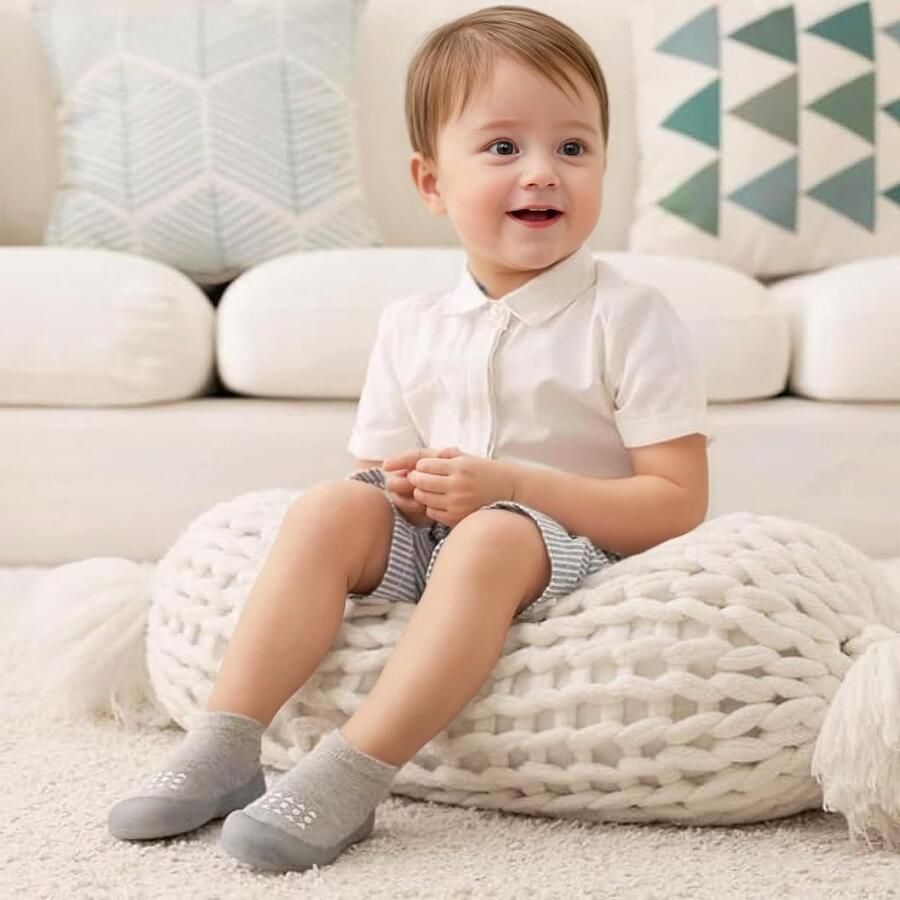 Grijze Baby Sok Slippers voor Peuters Leren Wandelschoenen Antislip Slippers en Sokken voor Kinderen