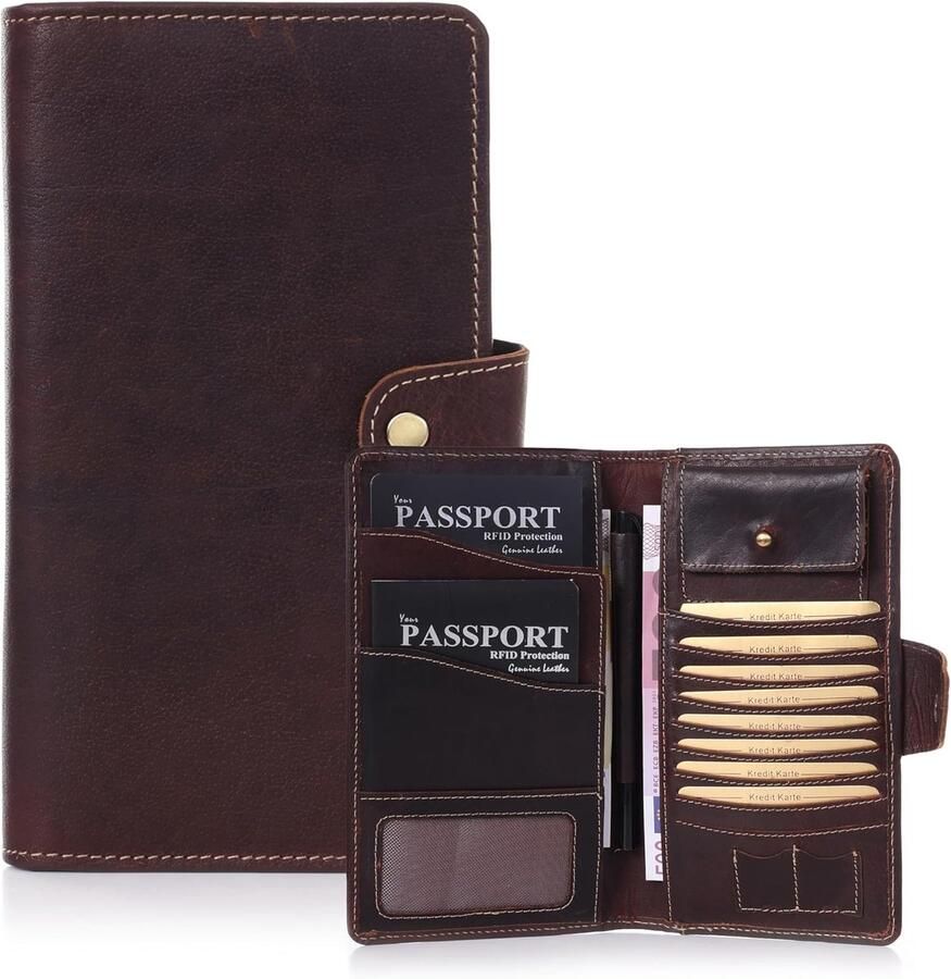 Grote paspoorthoes van echt volnerf leer ID-display muntvak RFID-reisportemonnee 2 paspoorthoezen creditcards pennengleuf SIM-kaarthouder x lichtbruin bruin Large