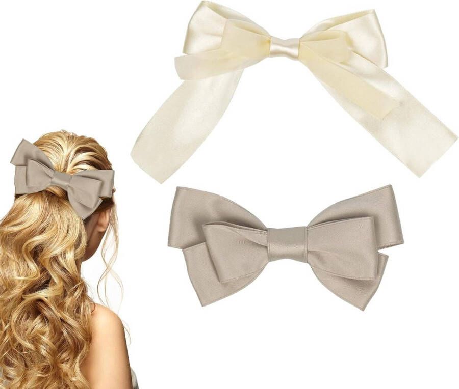 Grote satijnen haarstrikken voor vrouwen en meisjes 2 stuks in champagnekleur