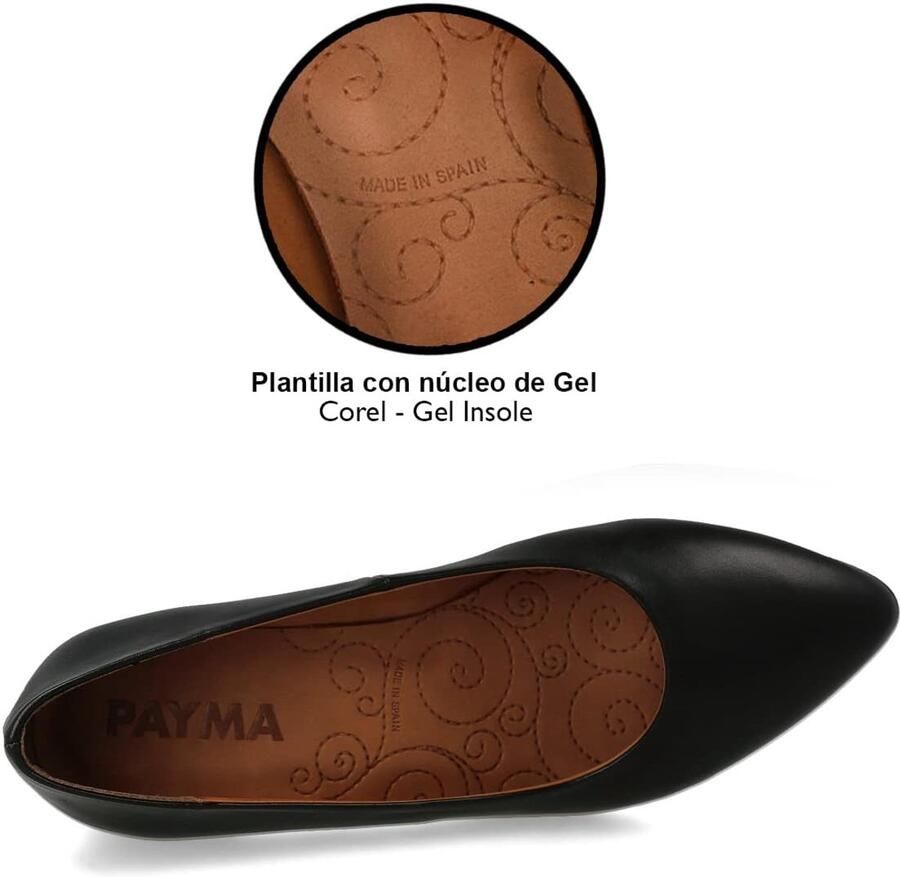 Hak Schoenen voor Dames met Geïntegreerde Binnenzool van Antishock Gel. Pumps Gemaakt in Spanje. Brede Hak in 3 Hoogtes: Hoog Gemiddeld en Laag. Zwart Blauw Rood en Bruin