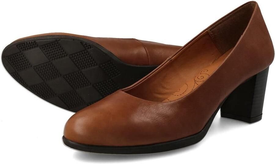 Hak Schoenen voor Dames met Geïntegreerde Binnenzool van Antishock Gel. Pumps Gemaakt in Spanje. Brede Hak in 3 Hoogtes: Hoog Gemiddeld en Laag. Zwart Blauw Rood en Bruin