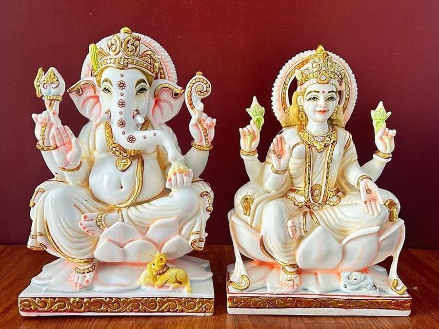 Handgeschilderde Lakshmi Ganesh standbeeld gekweekte marmeren Diwali Puja Idol
