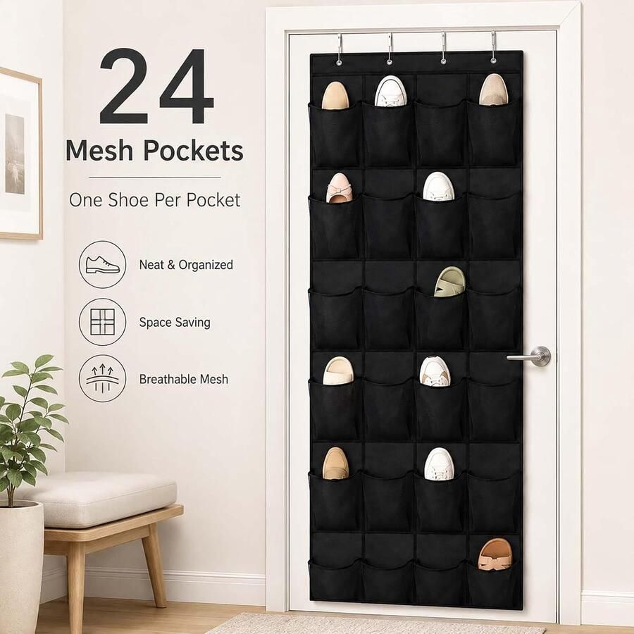 Hangend wandrek voor schoenen met 24 netvakken en 4 haken opvouwbare schoenorganizer zonder boren ruimtebesparend zwart