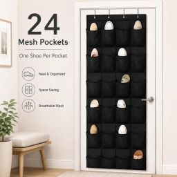 Hangend wandrek voor schoenen met 24 netvakken en 4 haken opvouwbare schoenorganizer zonder boren ruimtebesparend zwart