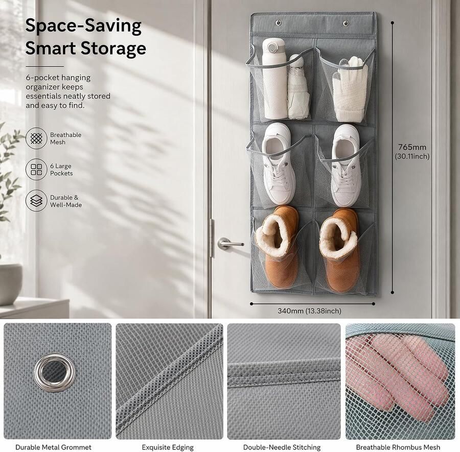 Hangende schoenenorganizer met 6 zakken met twee haken zonder sporen opvouwbare hangende schoenenorganizer ruimtebesparend voor camper slaapkamer woonkamer