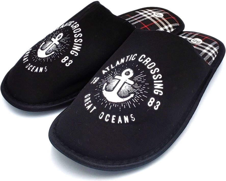 Heren basic instap pantoffels met printopdruk hotelslipper voor mannen met stevige rubberen zool zwart