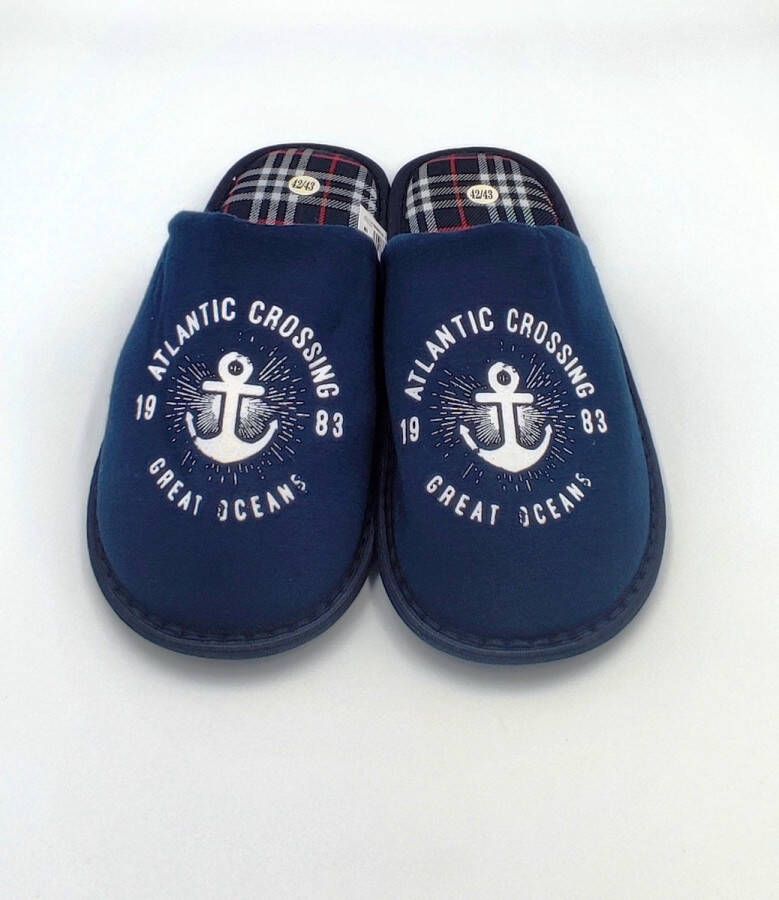 Heren basic instap pantoffels met printopdruk hotelslipper voor mannen met stevige rubberen zool marineblauw