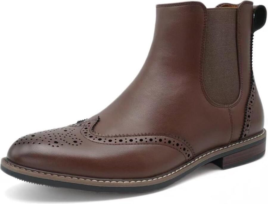 Heren Chelsea Boots Bruin Leer met Brogue Wingtip Details Enkelhoge Schoenen