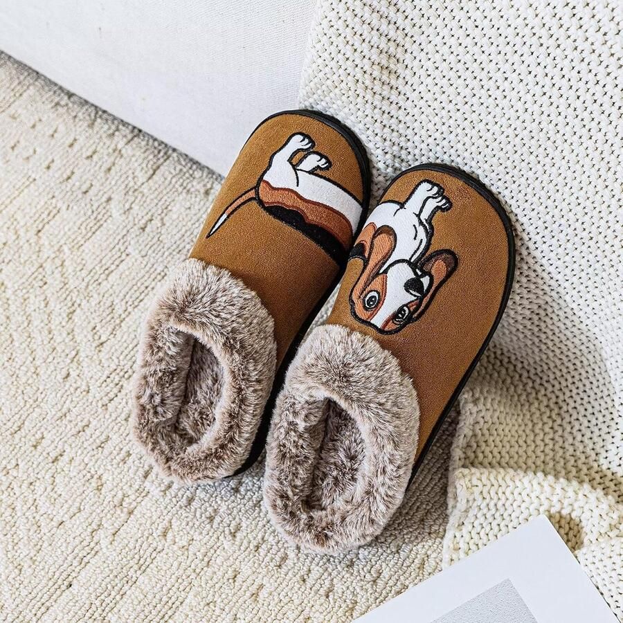 Winter Warm Pluche Sloffen met Hondenborduursel