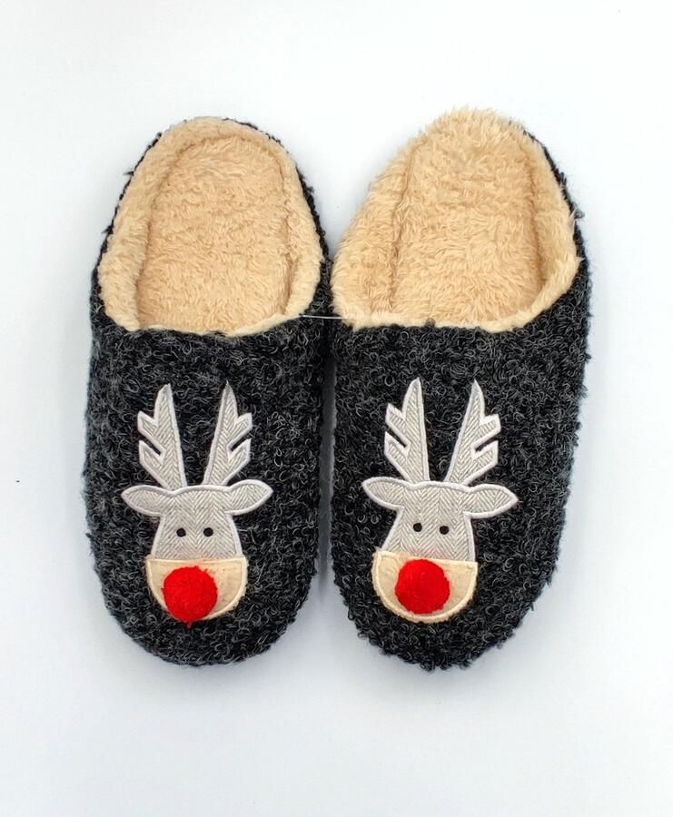 Heren instap sloffen rendier mannen pantoffels grijs met rendier figuurtje