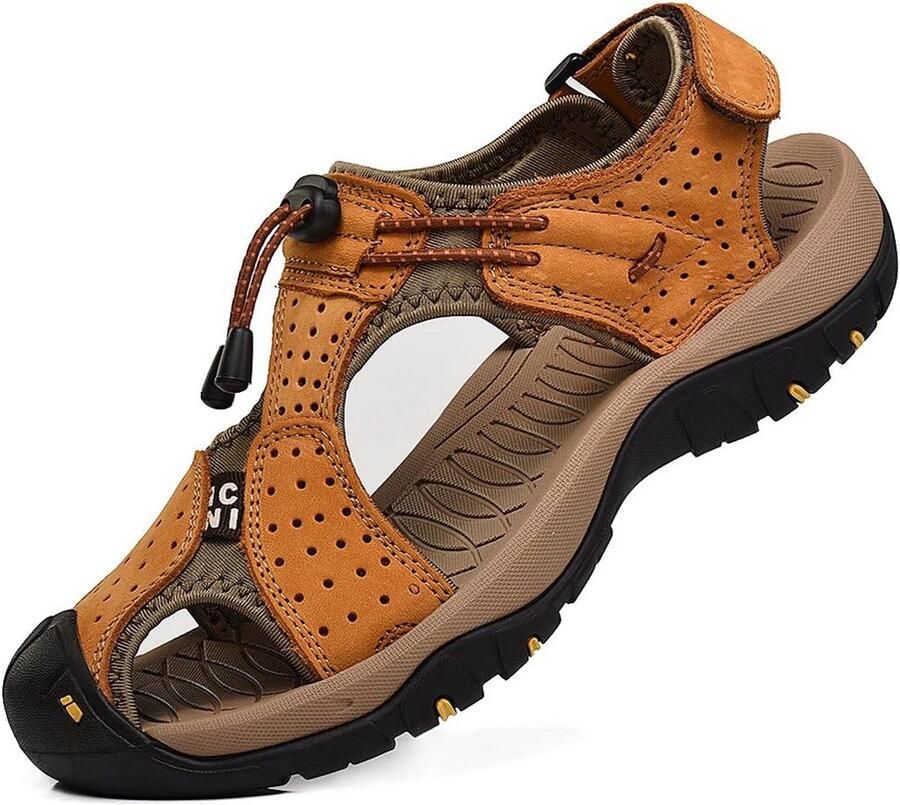 Heren Leren Outdoorsandalen met Klittenband voor Wandelen en Vrije Tijd