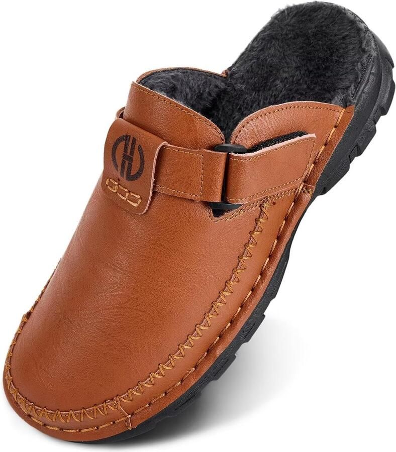 Heren Leren Pantoffels Warme Pluche Gevoerde Clogs met Antislip Zool