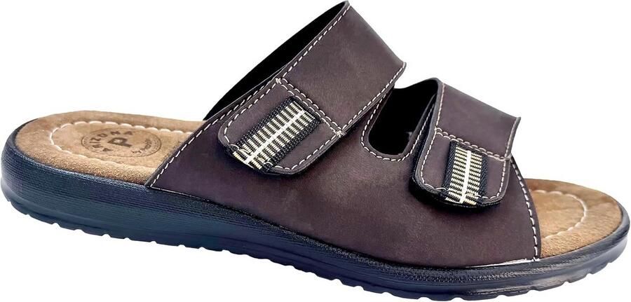 Heren Pantoffels Leer Dubbel Verstelbaar Klittenband Inlegzool Gemaakt in Italië