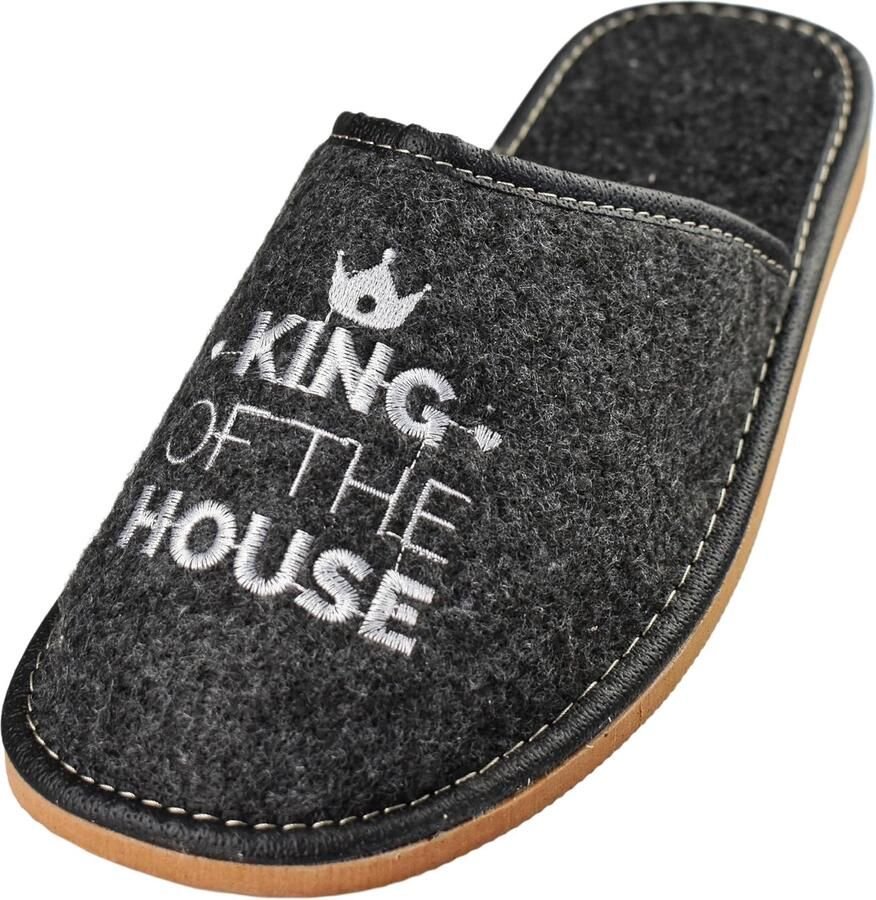Heren Pantoffels Zwart King of the House Borduurwerk Antislip
