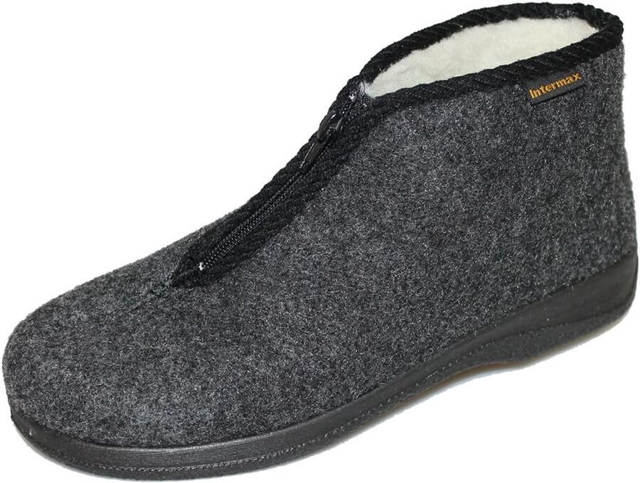 Heren pantoffels met rits wol gevoerd antraciet vilt