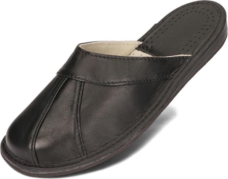 Heren Pantoffels Zwart Echt Leer Comfortabel & Antislip Rubberen Zool Gemaakt in
