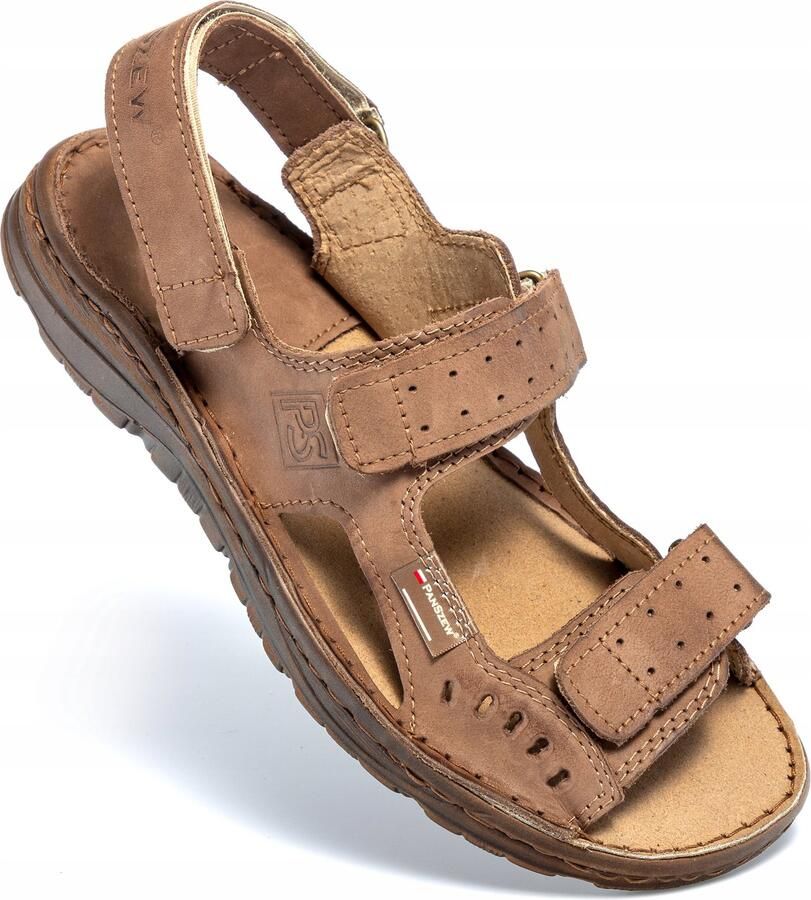 Heren Sandaals Leer Naturel Bruin Comfortabele Klittenband