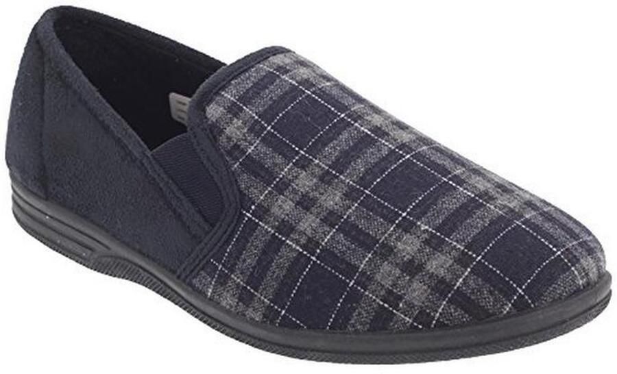 Heren Slip On Slippers in Navy Blauw met Check Textiel