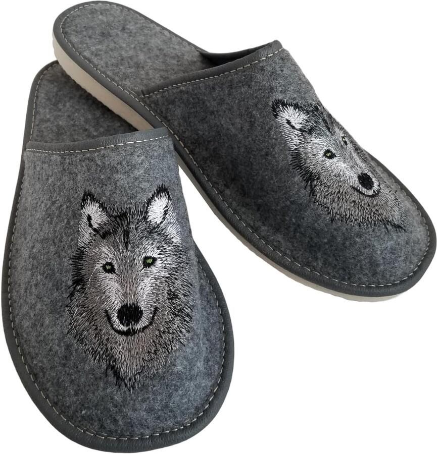 Heren Vilten Pantoffels Warm & Comfortabel met Wolvenmotief Grijs