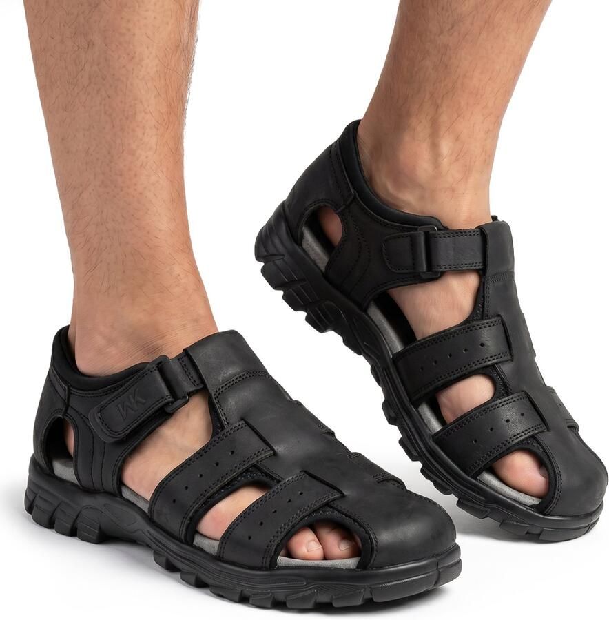 Herensandalen Zwart Leer Comfortabel Verstelbaar met Klittenband
